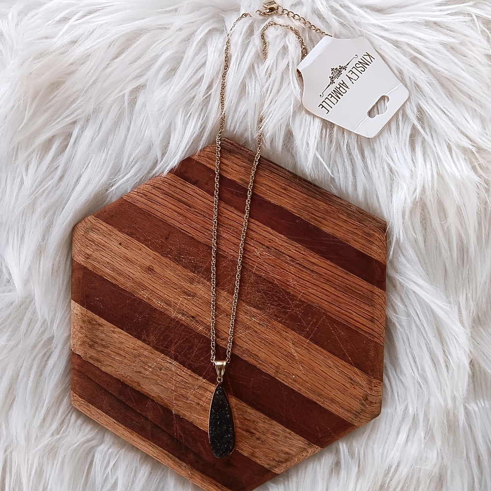 Kinsley Armelle Black Raven Boho Druzy Teardrop Pendant Stone Gold Necklace